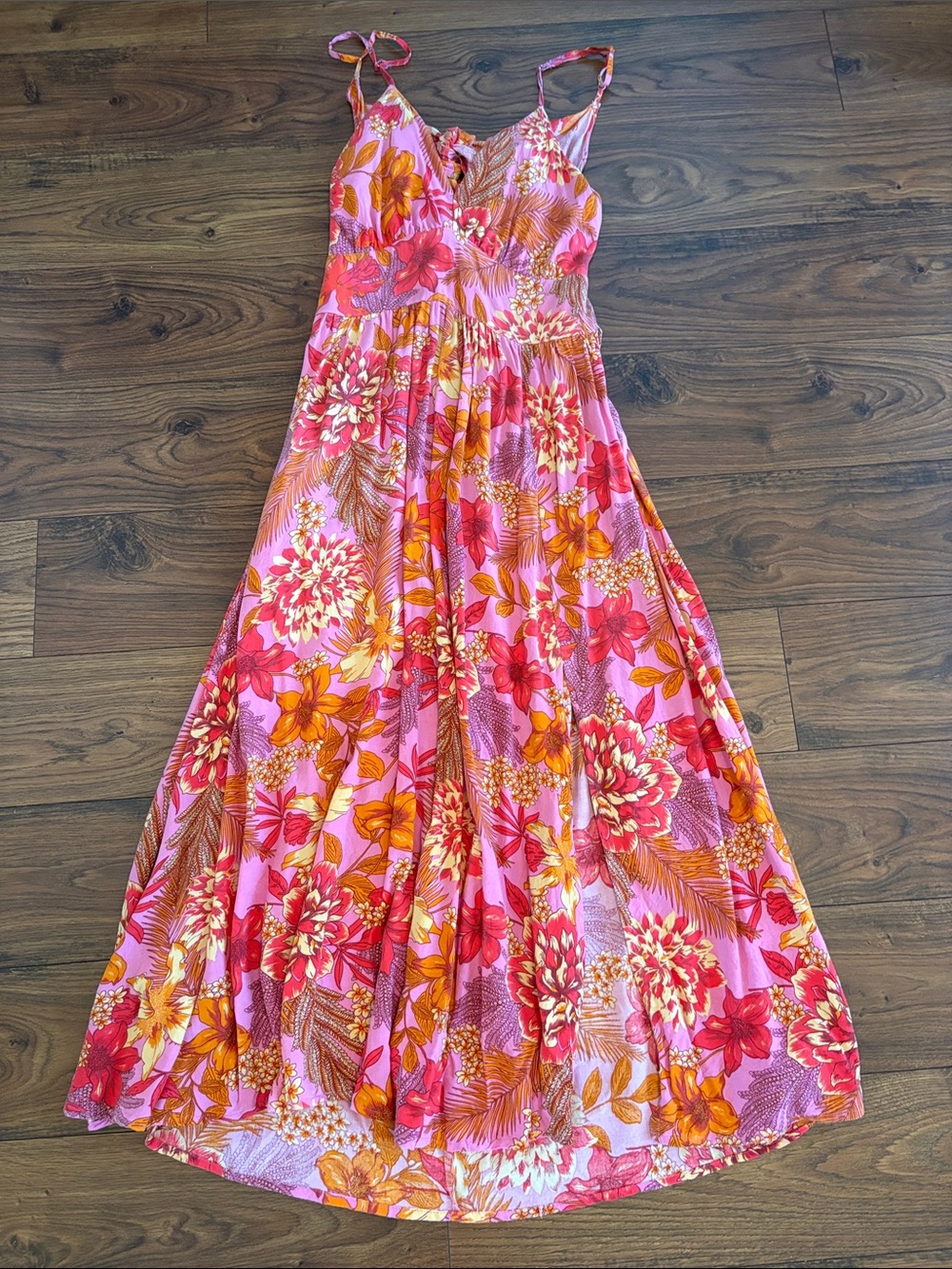 Jessica Simpson Pink Floral Maxi Dress with Orange & Red Accents